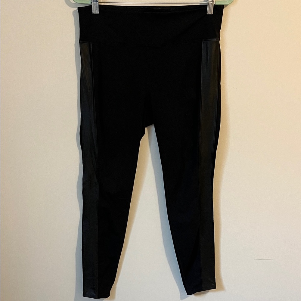 Athleta Black Leggings with faux leather Side Panels